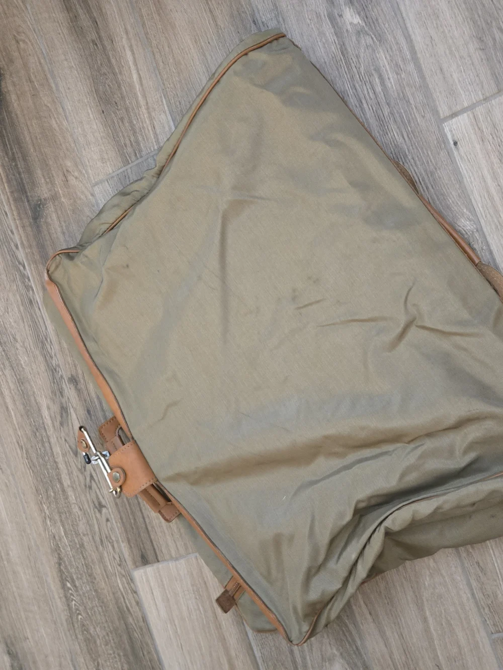 Men's Olive Green Canvas Garment Bag with Tan Leather Trim